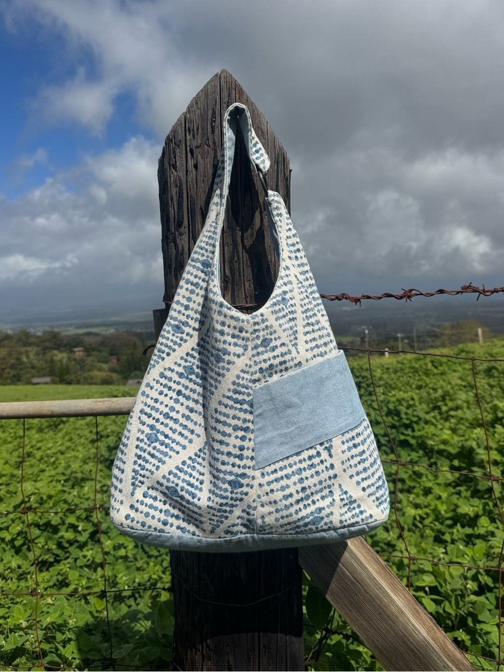 Treehouse designs Maui handmade slouchy blue white Denim Reversible Hobo bag